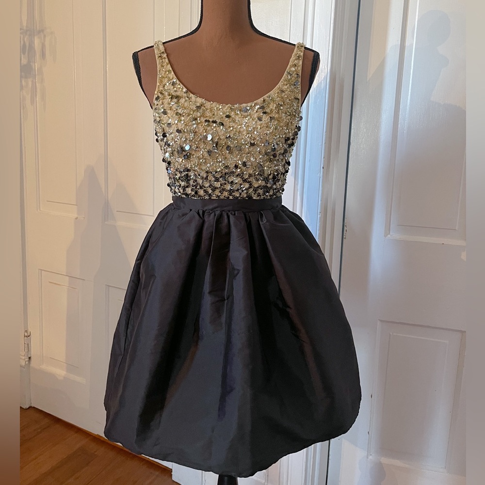 Marciano sequins beaded gold and black short prom dress puffy skirt